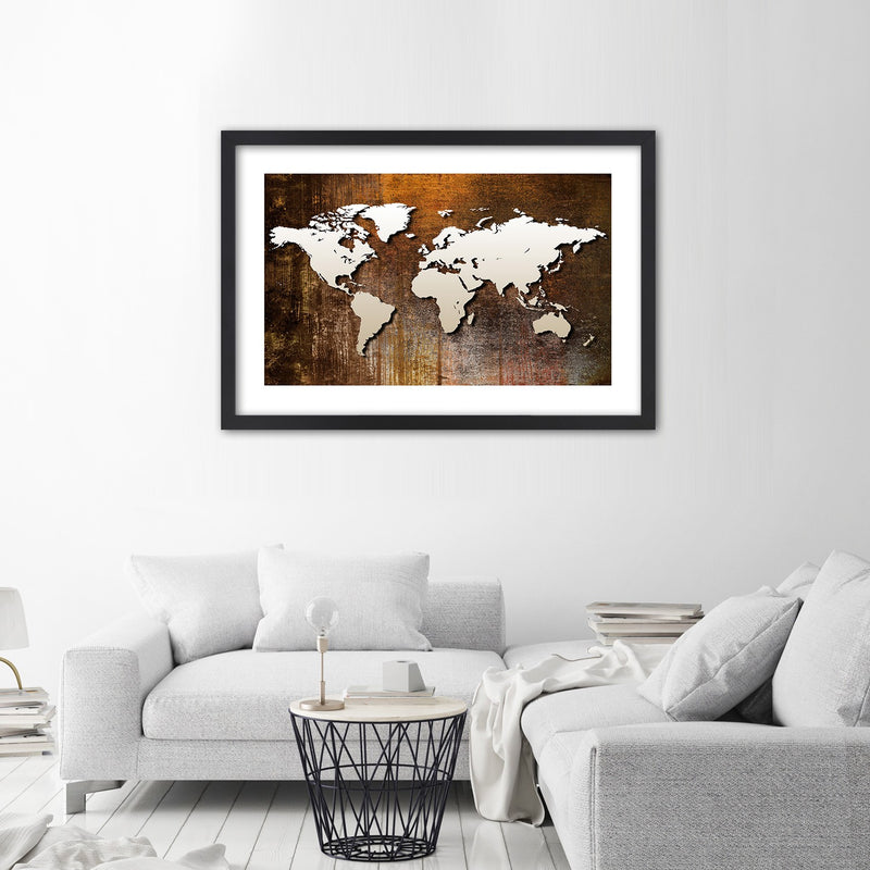 Cuadro en marco negro, Mapa mundial sobre madera.