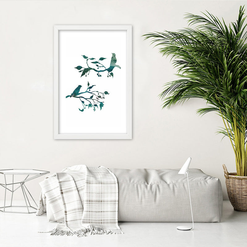 Picture in white frame, Birds on branches