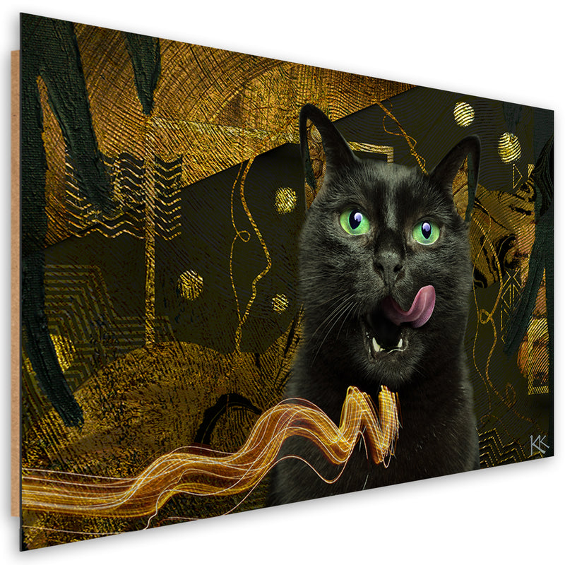 Panel decorativo estampado, Gato negro Resumen dorado