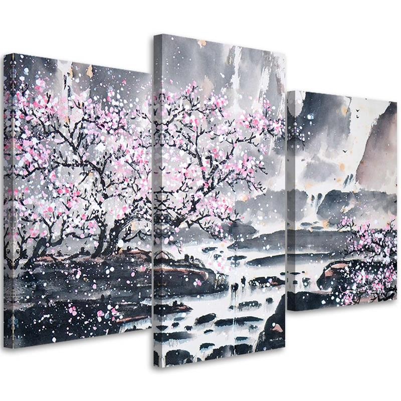 Three piece picture canvas print, Japanese cherry tree