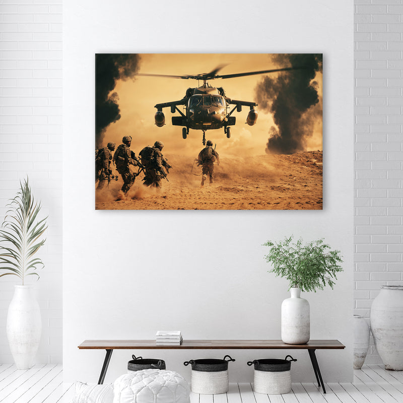 Canvas print, Helicopter and soldiers on mission