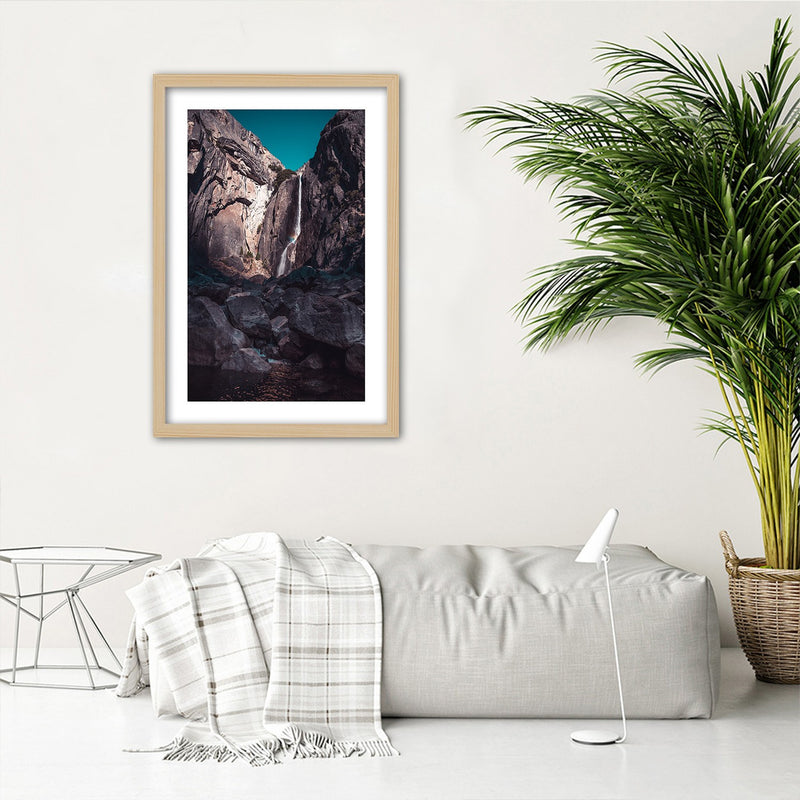 Picture in natural frame, Waterfall among high rocks