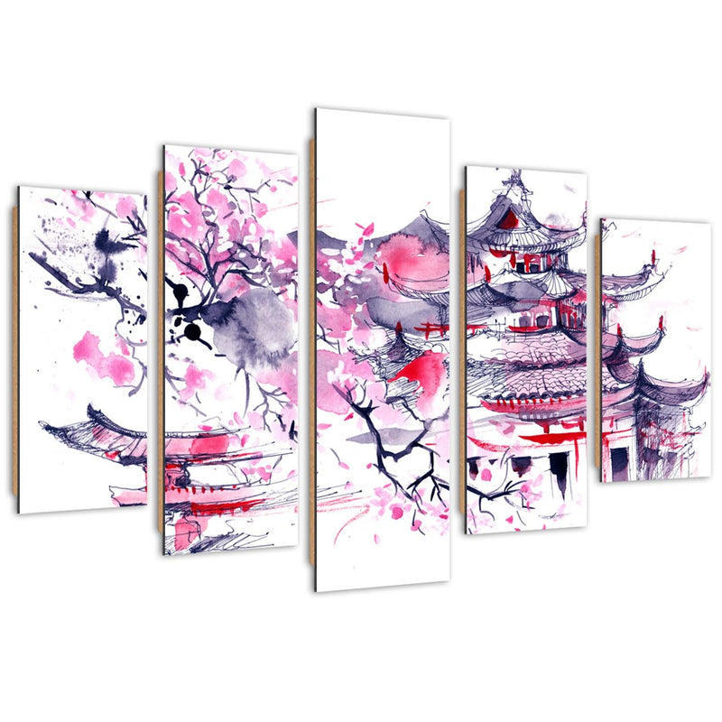 Panel decorativo con cuadros de cinco piezas, paisaje japonés