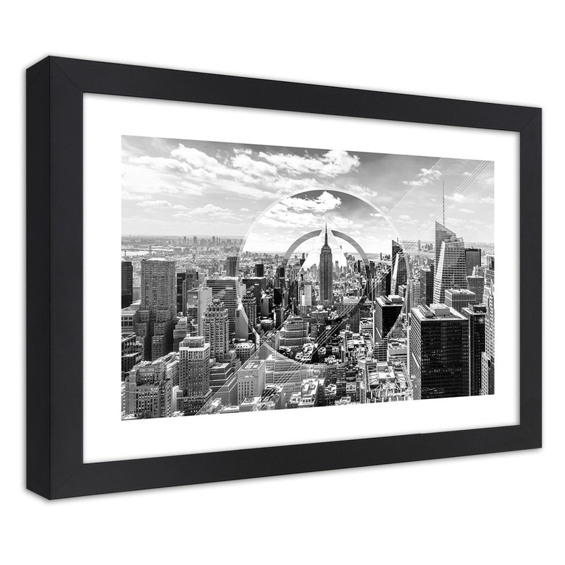 Picture in black frame, View of skyscrapers