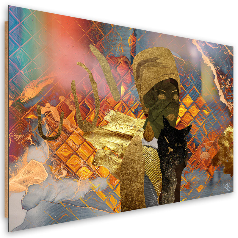 Panel decorativo estampado, mujer africana y gato negro
