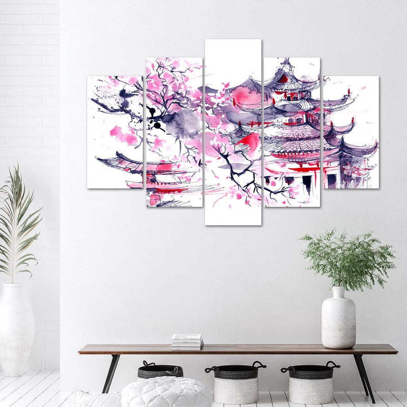 Panel decorativo con cuadros de cinco piezas, paisaje japonés