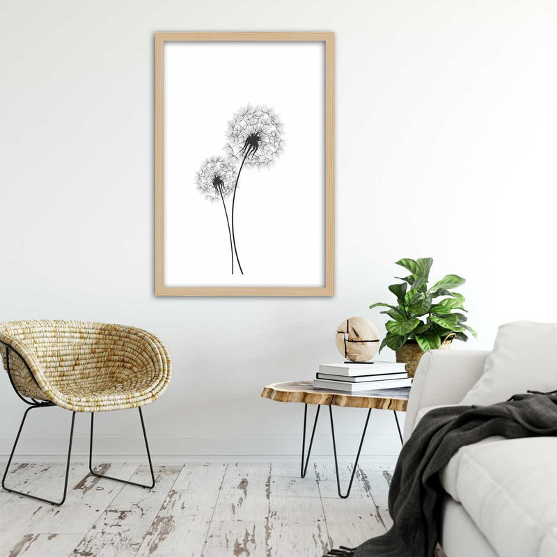 Picture in natural frame, Drawn two dandelions
