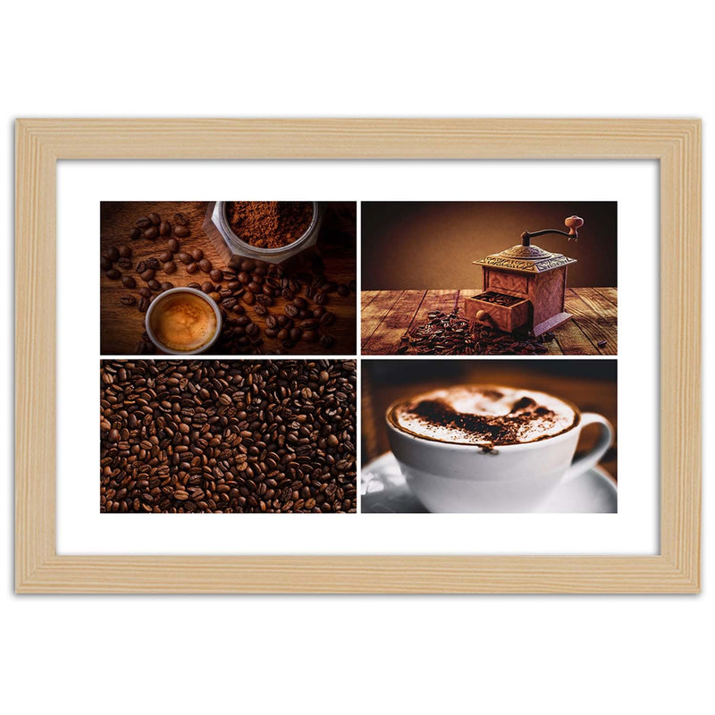 Imagen en marco natural, molinillo de granos de café y café.