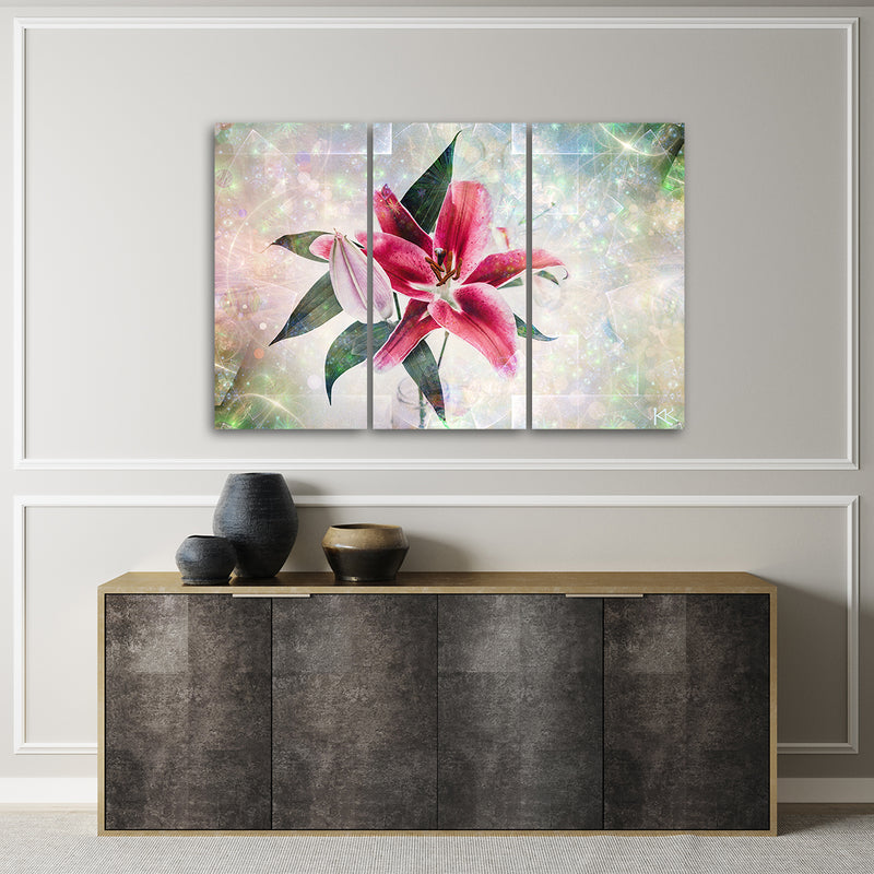 Three piece picture deco panel, Pink lily flower