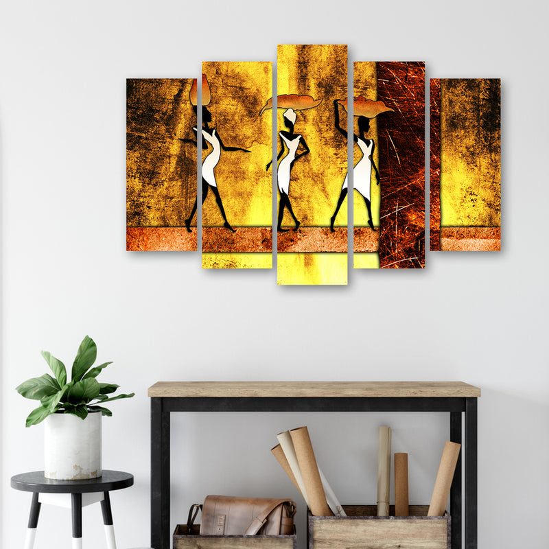 Panel decorativo de cinco piezas, mujeres africanas