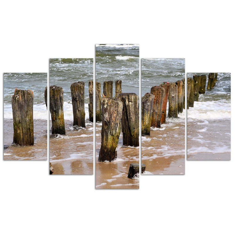 Five piece picture canvas print, Waves on the beach