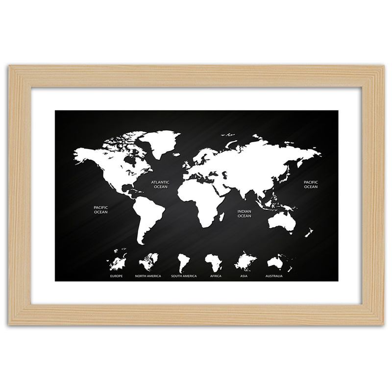 Imagen en marco natural, mapa mundial contrastante y continentes
