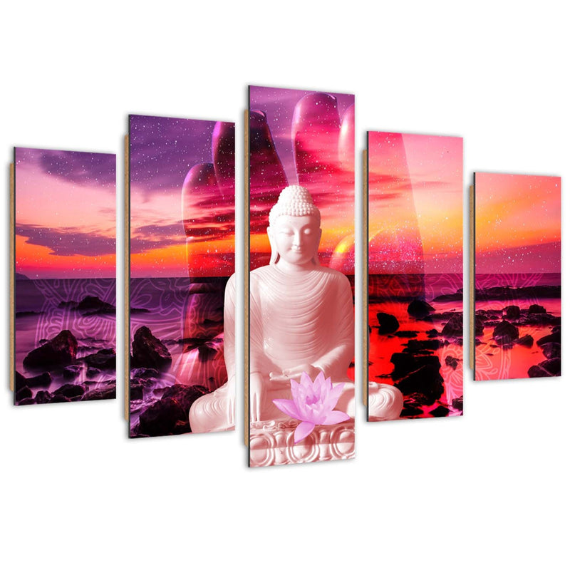 Five piece picture deco panel, Buddha in front of the ocean