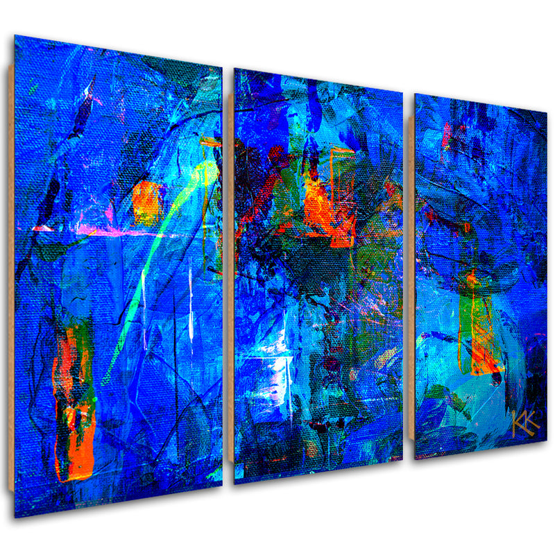 Three piece picture deco panel, Blue abstract hand painted