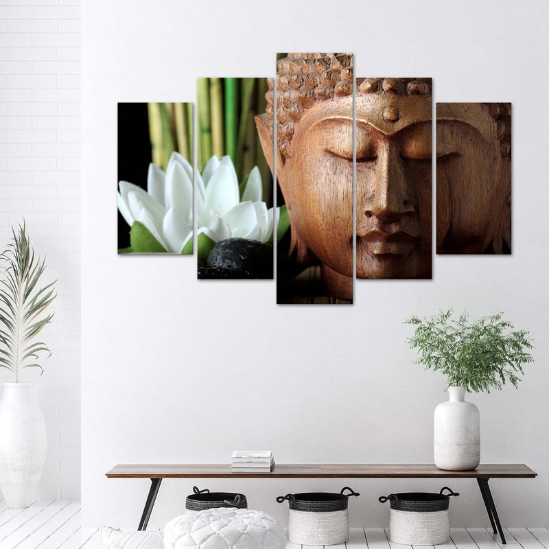 Panel decorativo con cuadros de cinco piezas, Buda y flor blanca