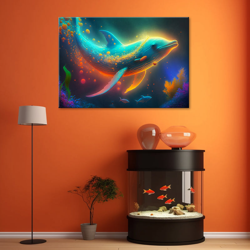 Impresión de panel decorativo, abstracción de ballena de neón