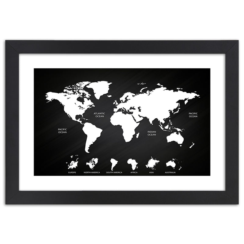 Picture in black frame, Contrasting world map and continents