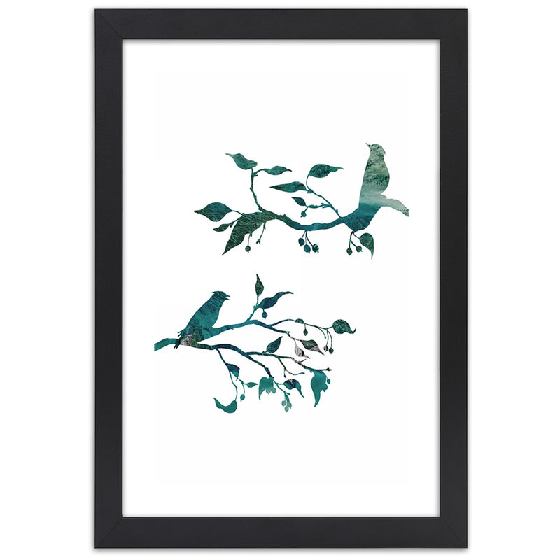 Picture in black frame, Birds on branches
