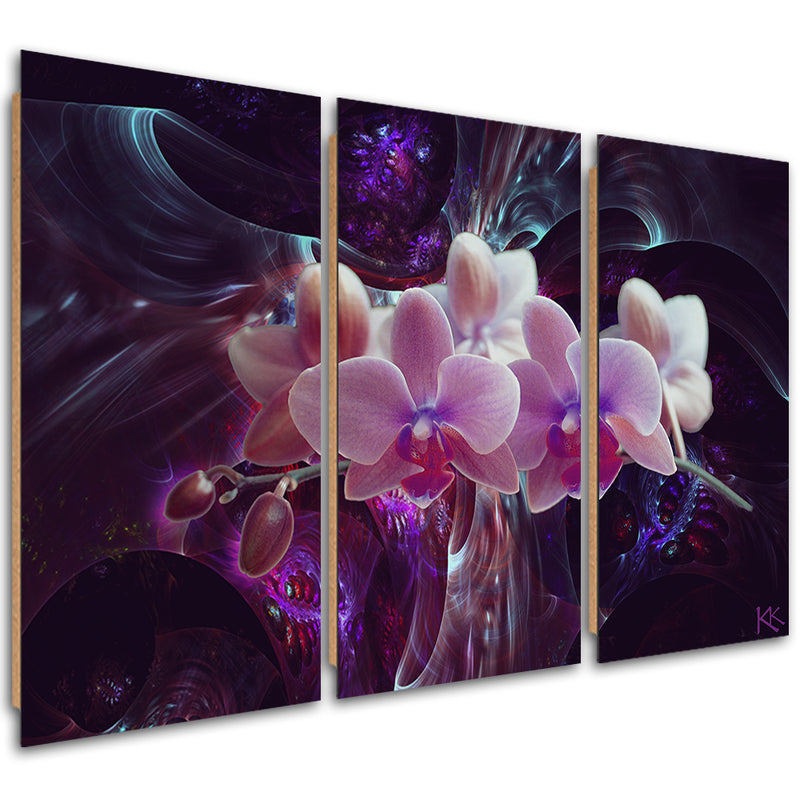 Panel decorativo con imagen de tres piezas, orquídea blanca sobre fondo oscuro