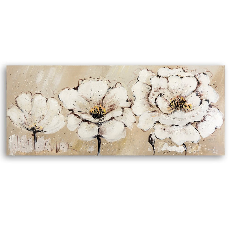 Panel decorativo estampado, Tres flores blancas.