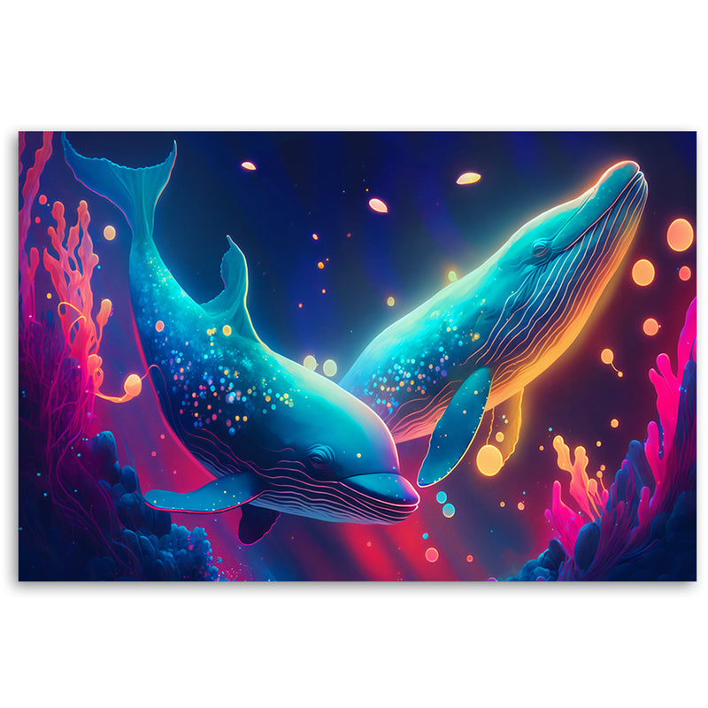 Canvas print, Neon whales underwater