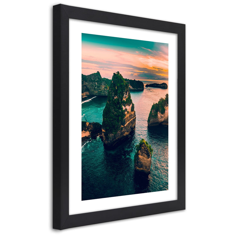 Picture in black frame, Rocks in the turquoise ocean