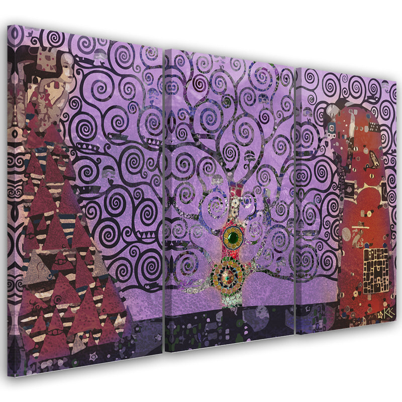 Impresión en lienzo de tres piezas, abstracto Violet Tree of Life
