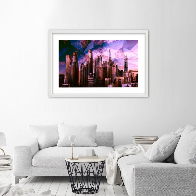 Picture in white frame, Geometric city in purple