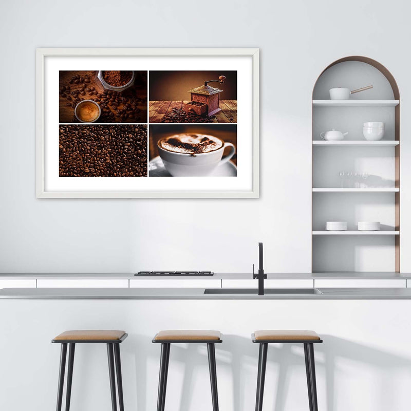 Imagen en marco blanco, molinillo de granos de café y café.
