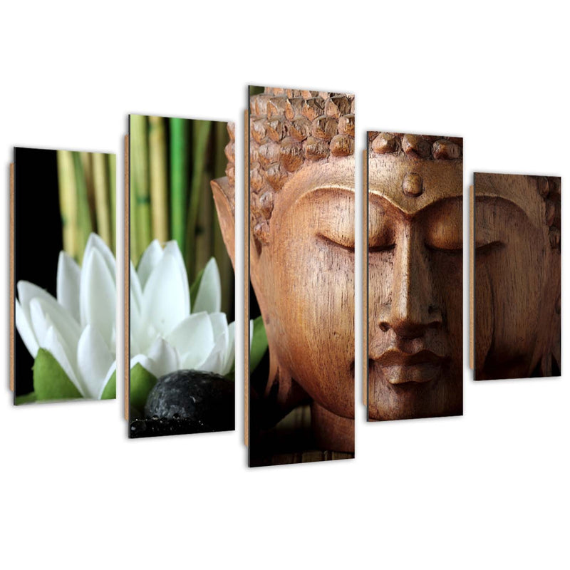 Panel decorativo con cuadros de cinco piezas, Buda y flor blanca