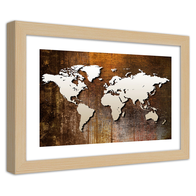 Cuadro en marco natural, Mapa mundial sobre madera.