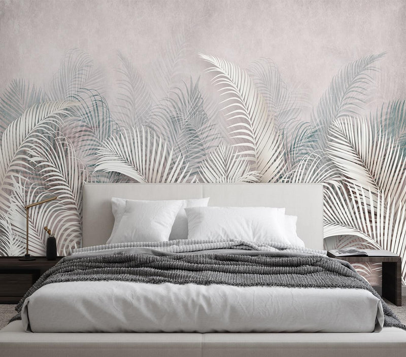 Wallpaper, Palm Leaves Concrete Grey 3D