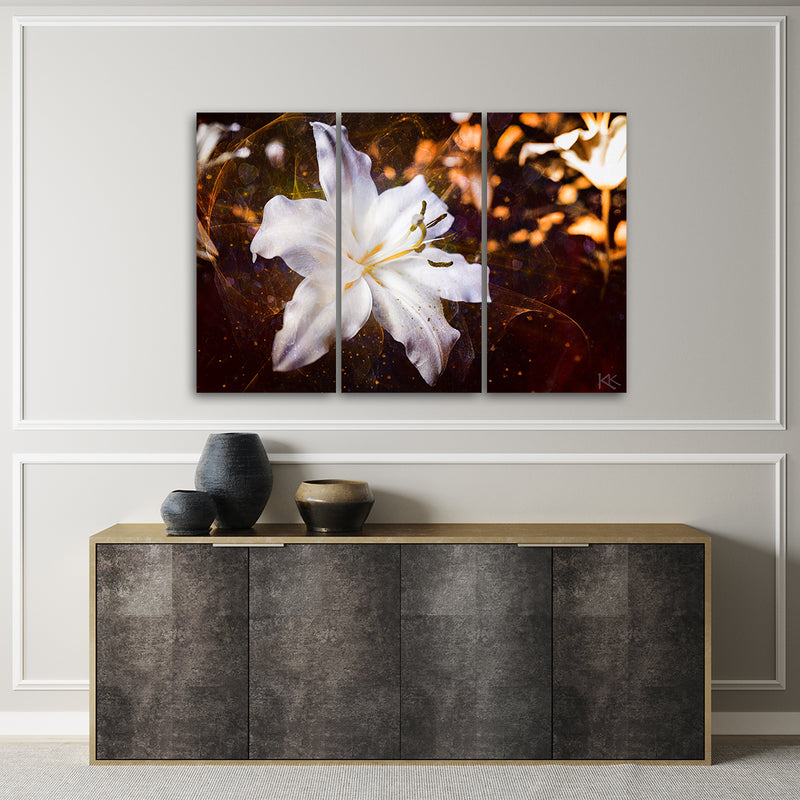 Three piece picture deco panel, White lily on brown background