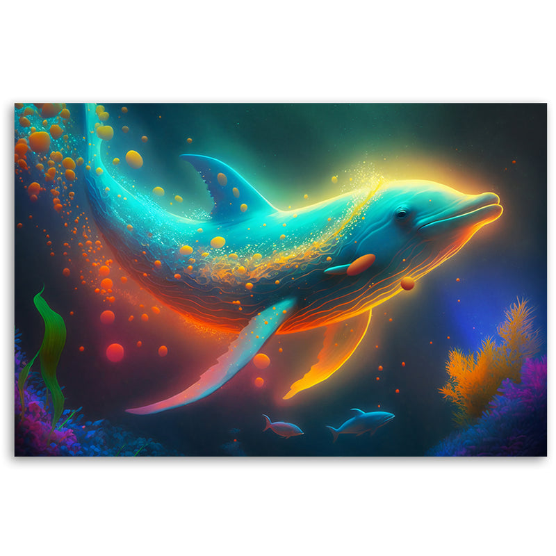 Impresión de panel decorativo, abstracción de ballena de neón