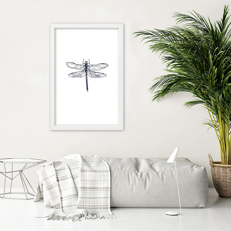 Picture in white frame, Dragonfly drawn