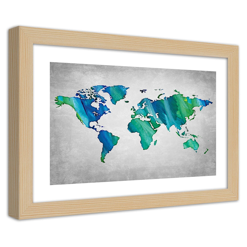 Imagen en marco natural, mapa mundial coloreado sobre hormigón