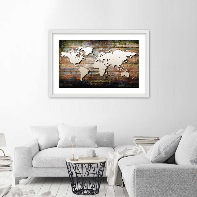 Picture in white frame, World map on old planks