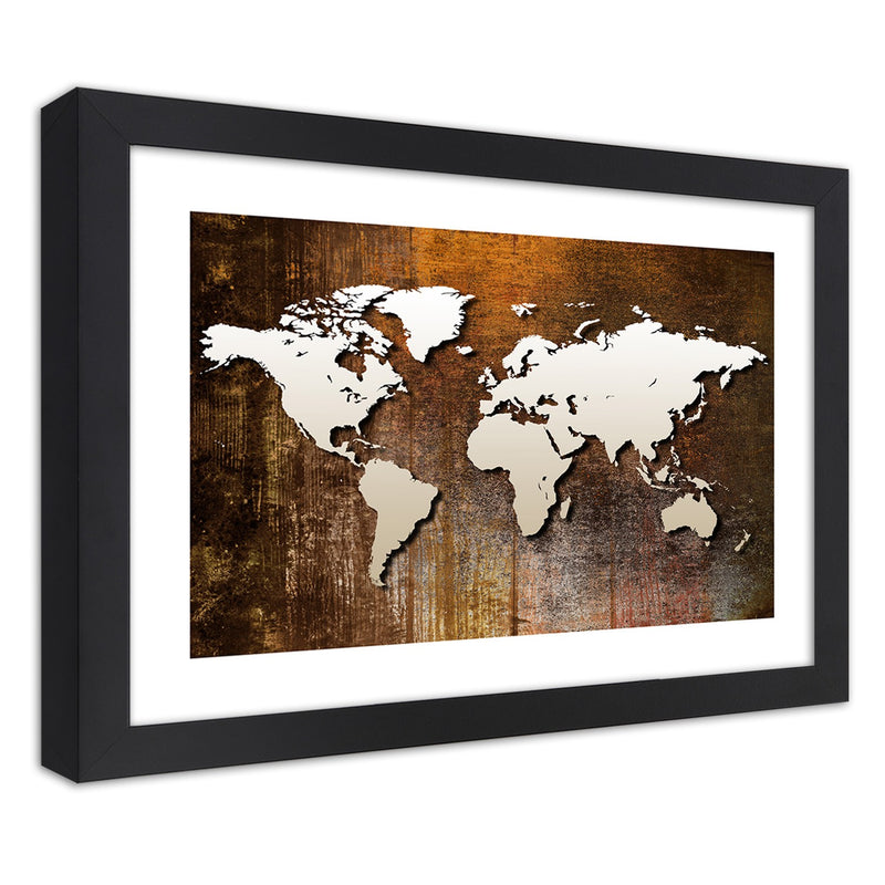 Picture in black frame, World map on wood