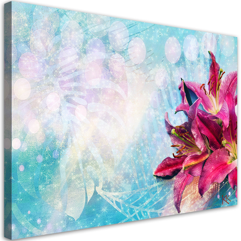 Canvas print, Pink flowers on blue background