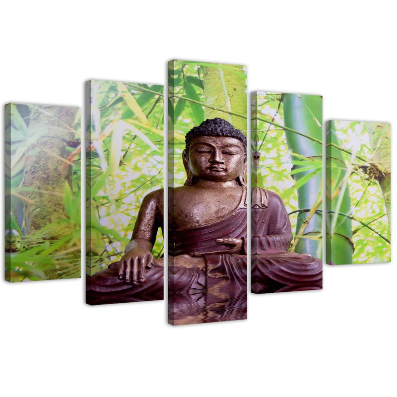Five piece picture canvas print, Buddha on a background of bamboo