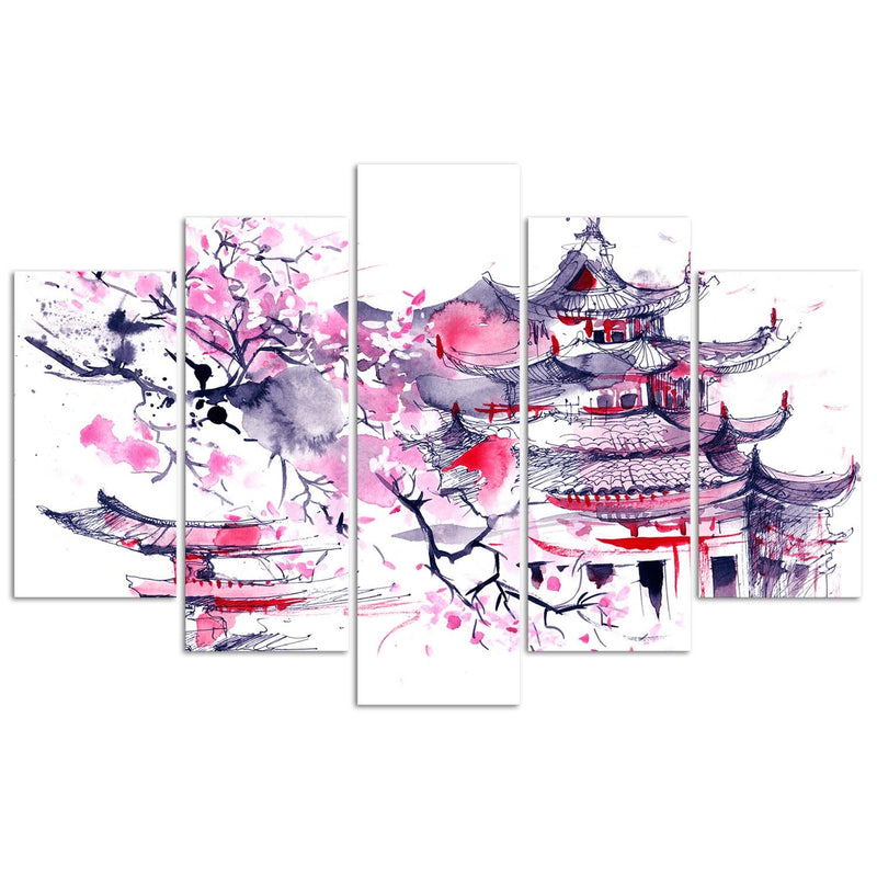 Cuadro en lienzo de cinco piezas, paisaje japonés.