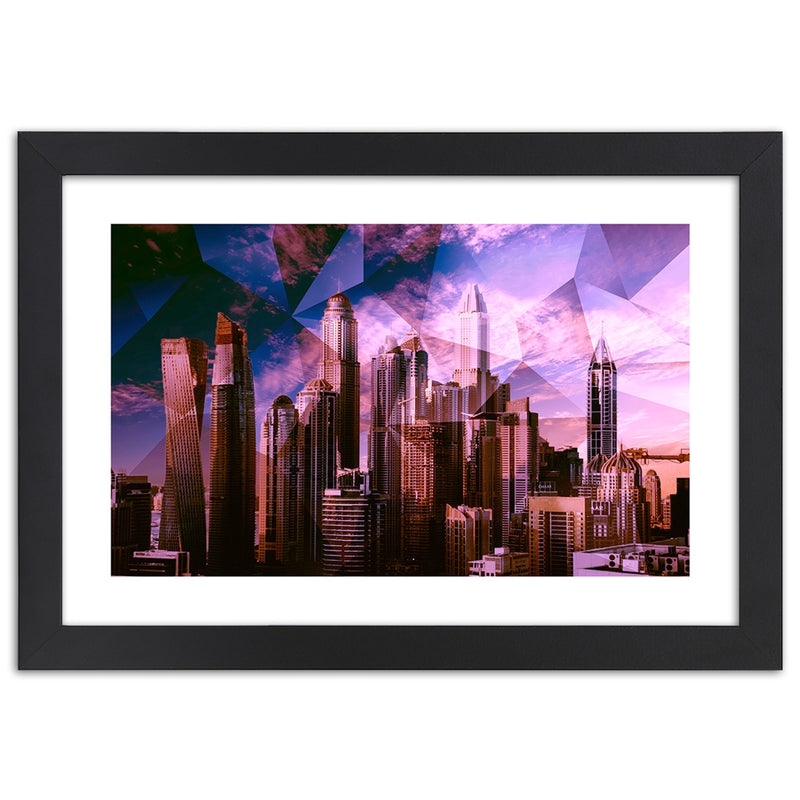 Picture in black frame, Geometric city in purple