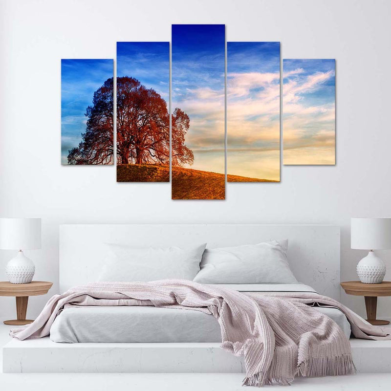 Five piece picture canvas print, Tree on a hill