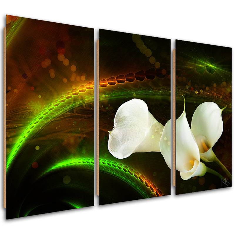 Three piece picture deco panel, BiaÅ‚e kwiaty na brÄ…zowym tle