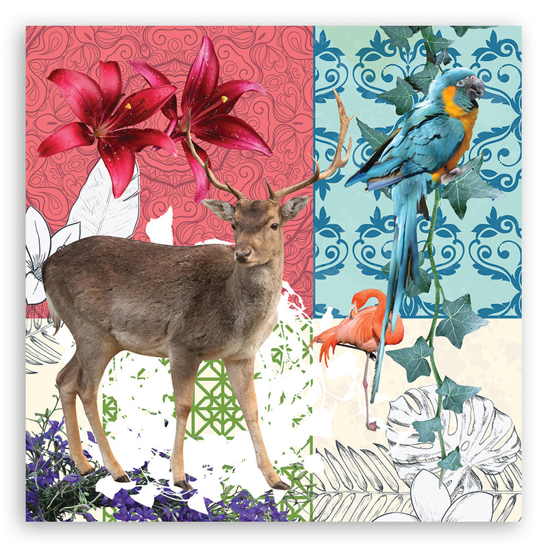 Deco panel print, Deer Parrot Flamingo collage