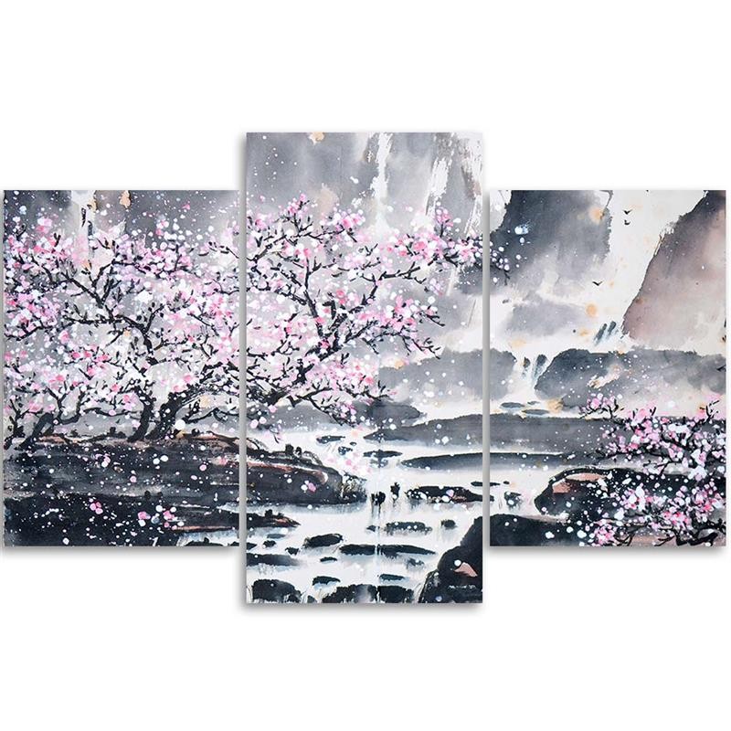 Cuadro de tres piezas en lienzo, cerezo japonés