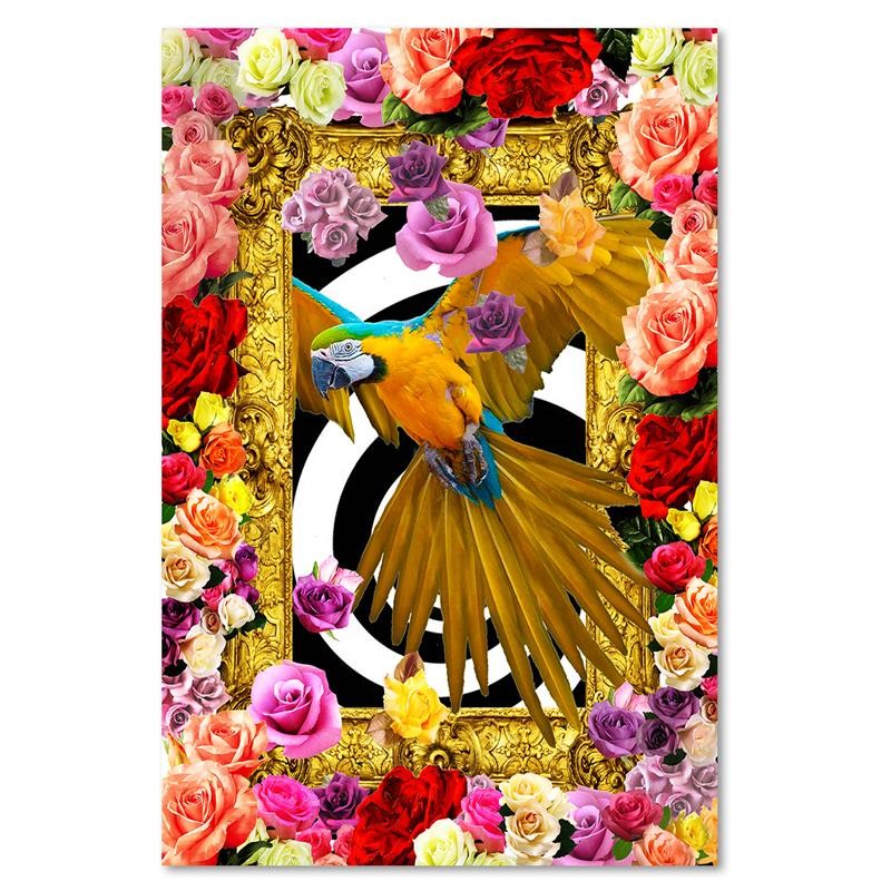 Deco panel print, Parrot and colored roses