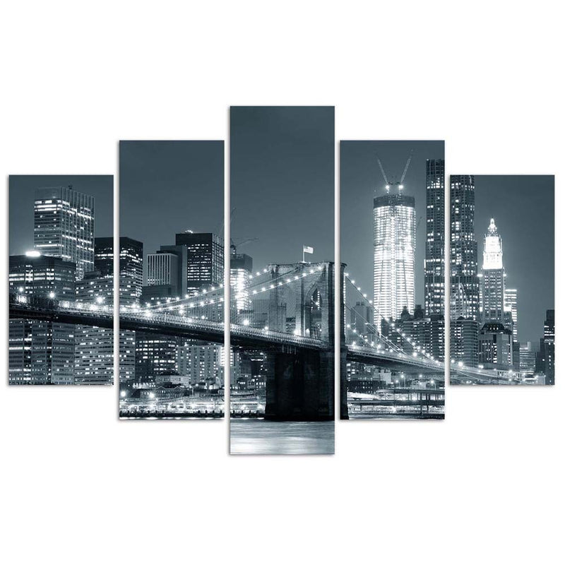 Panel decorativo con cuadros de cinco piezas, puente de Brooklyn en blanco y negro
