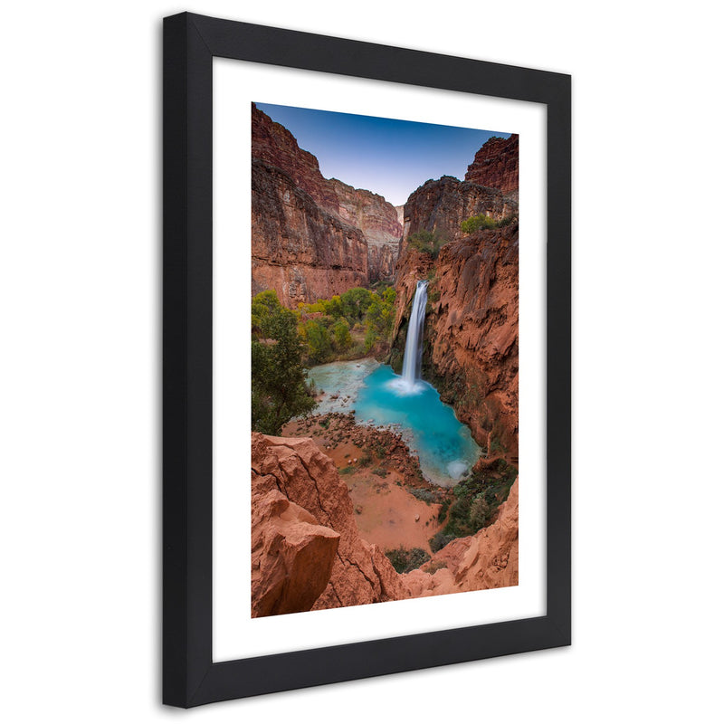 Picture in black frame, Blue waterfall among the rocks