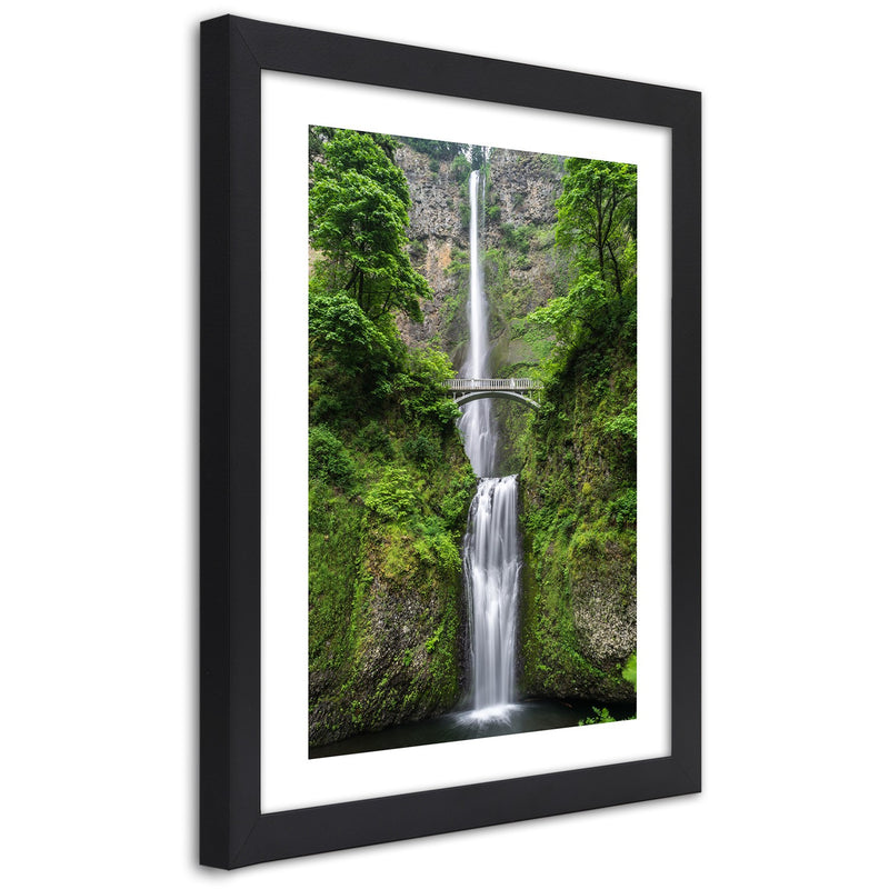 Picture in black frame, Bridge over a waterfall
